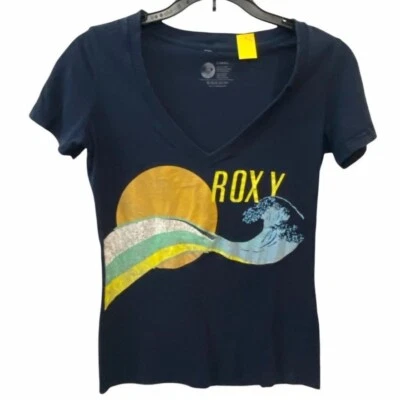 Roxy XS Blue Tshirt Sun Wave Beach Surf Graphic Print Short Sleeve Vneck Casual - Image 1 of 4