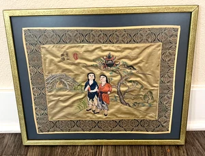VINTAGE/Antique Framed Oriental Silk Hand Embroidery Signed Man & Woman Picture - Picture 1 of 8