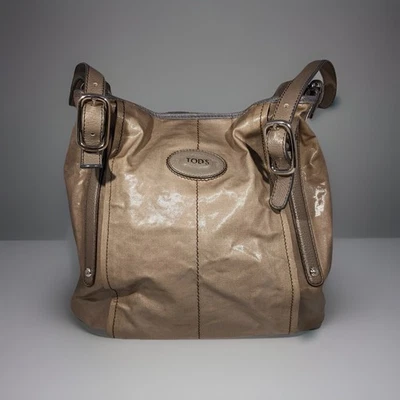 TOD'S Sacca Glossy Canvas & Leather G-Bag Shopper Tote Handbag Taupe Brown Gray - Image 1 of 4
