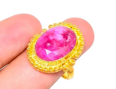 Ruby (Simulated) Gemstone Antique 18k Yellow Gold Plated Ring s.9.5 R7623-142 - Image 1 of 4