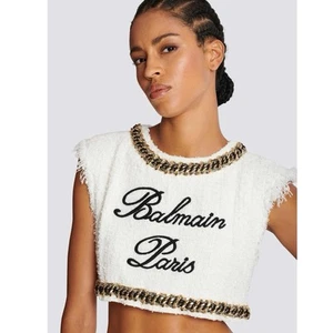 Balmain Signature Logo Embroidered Tweed Crop Top US 8 FR 40 NWT CF1AI145CE79 - Picture 1 of 20