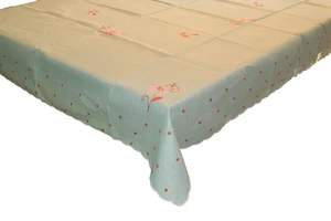VINTAGE TISCHDECKE HELLGRÜN BAUMWOLLE LEINEN GEWELLTE KANTEN & GENÄHTE APPLIKATION, - Bild 1 von 7