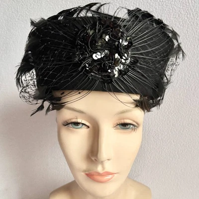 Vintage Black Wool Felt Pillbox Hat with Big Feathers, Sequins, Netting - Image 1 of 4