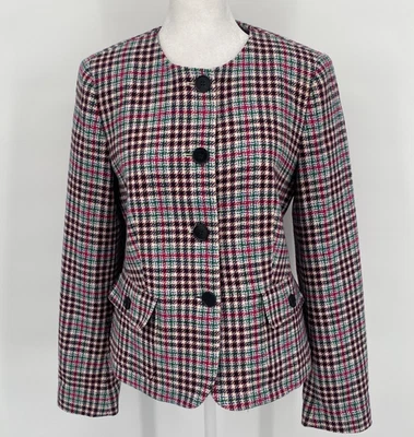 Blazer Talbots Mujer 8 Cuadros Tweed Mezcla Lana Sin Cuello Botón Frontal Retro Foto 1 de 4