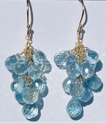 Pendientes Colgantes Oro Aguamarina Santa María Azul 14k Amarillo Racimo NUEVO Foto 1 de 2