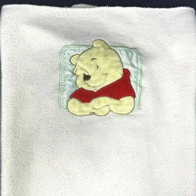 Disney Winnie the Pooh Cream Baby Blanket Green Satin Patch Fleece Lovey - Image 1 of 4