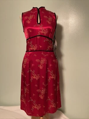 Vestido Floral Vintage Años 90 Rojo Satinado Inspirado en Asia Para Mujer Talla 8 Hecho en EE. UU. Foto 1 de 4