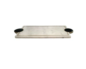 Tray White Marble with Black Stone Handles Heavy Platter with Golden Accent - Picture 1 of 6