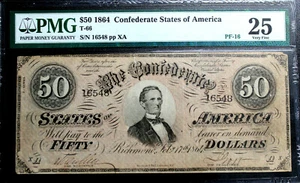   T-66 $50 1864 CONFEDERATE CURRENCY CSA PMG 25 VERY FINE PF-16 BEGISTEB R13 NC - Picture 1 of 7