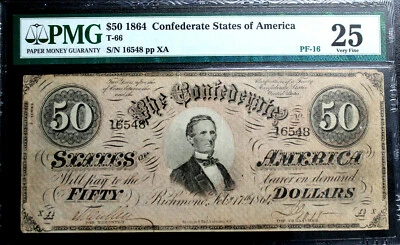   T-66 $50 1864 CONFEDERATE CURRENCY CSA PMG 25 VERY FINE PF-16 BEGISTEB R13 NC - Image 1 of 4