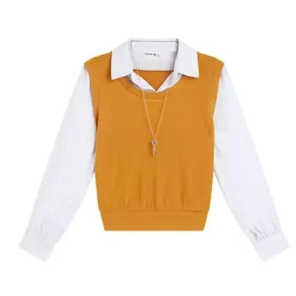 Amy Byer Niñas Talla Grande (14) 2Fer Chaleco Blusa Amarillo Mostaza Blanco Cuello Largo Foto 1 de 4