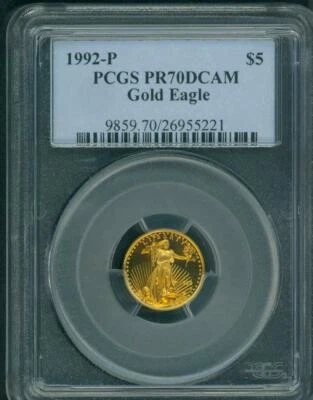 Gold Eagle 1992-P $5 1/10 OZ CAMEO PROFUNDO G$5 PCGS PF70 PF-70 PROOF PR70 Foto 1 de 2