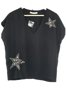 Oui, Boxy Top With Beaded Stars, In Black, UK10 EU 36, NEW - Picture 1 of 9