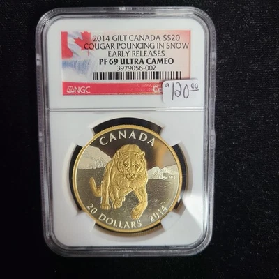 2014 Gilt Canada S$20 Cougar Pouncing In Snow- ER- NGC PF69 Ultra Cameo - Image 1 of 2