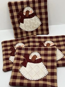 Set of 4 Folk Art Snowman Fabric Coasters 5” - Picture 1 of 6