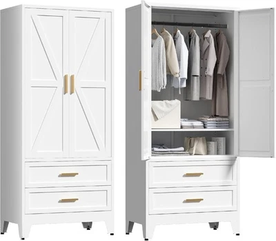 71" Metal Armoire Closet Wardrobe With Hanging Rail And 2 Drawers For Bedroom - Image 1 of 3
