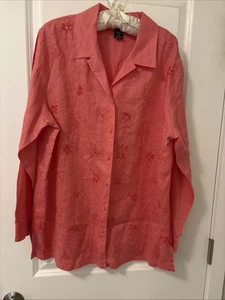 Anne Carson Women-Size 1X Coral Linen Button Up Blouse-Embroidered w/Seed Beads - Picture 1 of 4