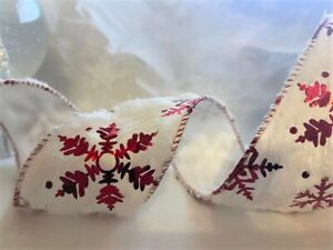 Christmas RED SNOWFLAKES ON SNOW WHITE FAUX FUR - Luxury Wire Edge Ribbon 63mm