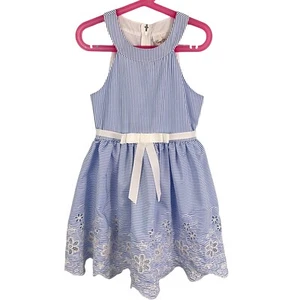 Rare Editions Girls 6 Embroidered Dress White Blue Striped Resort Summer Party - Picture 1 of 11