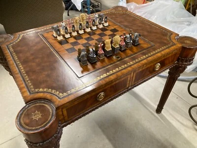 Gilded Age Look 雕刻桃花心木和皮革游戏桌 Maitland-Smith 著 — 第 1/4 张图片