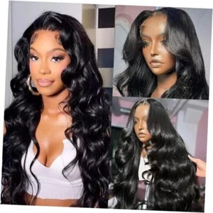 200% Density Inch Body Wave Lace Front Wigs Human Hair Pre Plucked Wig 26 black - Picture 1 of 7