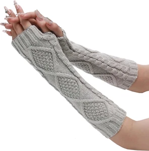 Cable Knitted Arm Warmers Thumb Hole Winter Long Fingerless Gloves - Picture 1 of 4