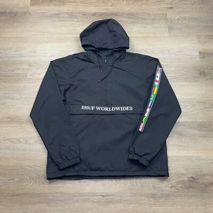 Huf Jacket Mens Large Black Anorak Skateboarding Worldwide Flags Hooded - Picture 1 of 12