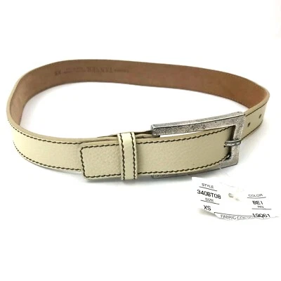 TANNER Made in Italy Leather Belt Size XS Cream Brown Stitch Silver Buckle NWT - Imagem 1 de 4