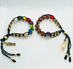 Pulsera Doble Santa Muerte  Ojo de Tigre y Calavera tejida hecha a mano - Picture 1 of 12