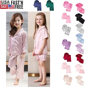 Pajama Set for Kids Baby Boy Girl Button-up Silk Pajama Sleepwear Nightwear PJms - Picture 1 of 33