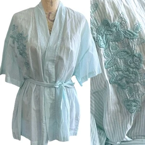 Van Winkle & Co Housecoat Robe Spa Womens L  Blue White Stripe Belted Cotton New - Picture 1 of 10