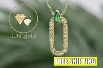 Único Colgante Oro Amarillo 14K Sobre Clip + Cadena 2CT Pera Esmeralda Simulada Foto 1 de 4