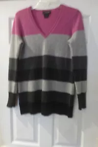 Maglione C By Bloomingdales 100% 2 strati cashmere scollo a V a righe taglia large - Foto 1 di 3