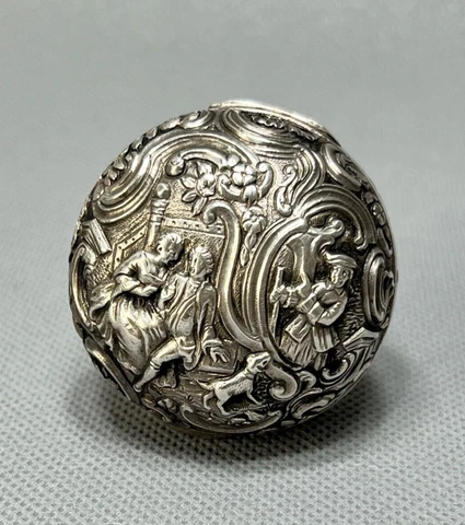 1830's Georgian Ball Pill Box French Silver Renaissance Love Scene Lovers w Dog Cover