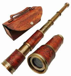 Antico telescopio ottone pelle marina nautica pirata spyglass cannocchiale vintage - Foto 1 di 6