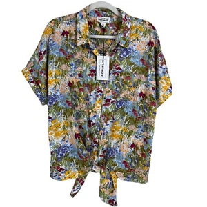 NEW FOR THE REPUBLIC Linen Floral Button Shirt Front Tie Women L Vibrant Garden - Picture 1 of 11