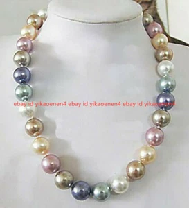 12mm Pink Blue White Multi Color South Sea Shell Pearl Round Beads Necklace 18'' - Picture 1 of 12