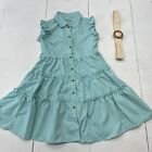 SHEIN Light Blue Sleeveless Button Front Dress Ruffles Woven Belt Girls Size 10Y