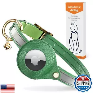 Leather AirTag Cat Collar Non Breakaway, Reflective GPS Cat Collar Adjustable - Picture 1 of 5