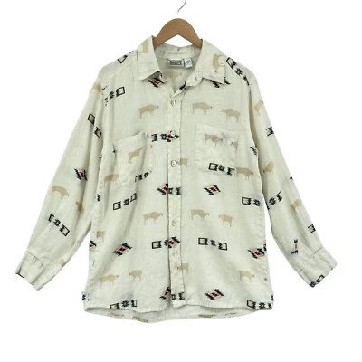 Chico's Button Up Shirt Mens Size 2 Cream Animal Print 100% Linen Long Sleeve - Image 1 of 4