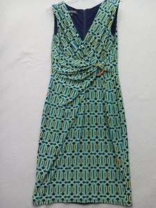 Jones NY Wrap Dress 4 Navy Blue Turquoise Gold Geo Print V-neck Bamboo Ring - Picture 1 of 13