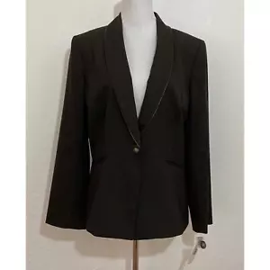 NWT Alex Marie Sz 14 Brown 1-Button Blazer Slit Sleeve Faux Leather Piping $149 - Picture 1 of 9