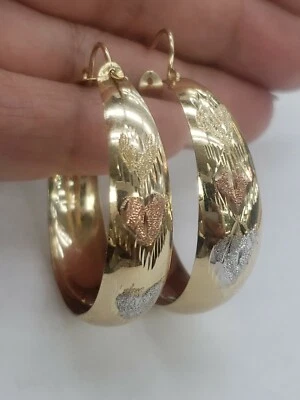 Solid 14k yellow gold Wide hoop earrings 1.5 inch long Heart - Image 1 of 4