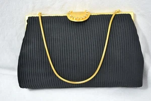 VINTAGE 1960s black ribbed fabric evening bag/ clutch gold chain handle diamante - Picture 1 of 8