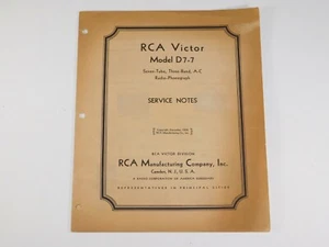Antique RCA Victor D7-7 Service Note Manual Tube Radio Phonograph Wiring Diagram - Picture 1 of 6