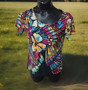 Investments Mosaic Butterfly Liquid Knit Stretchy Top Blouse Festive Artsy Sz M - Picture 1 of 9