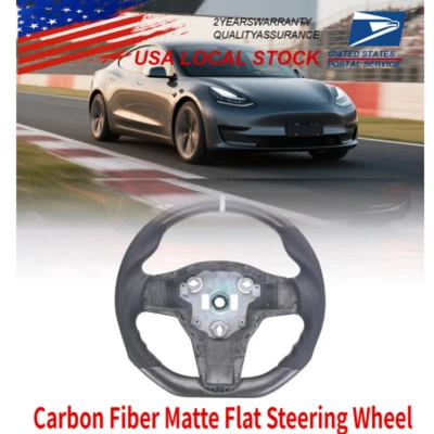 Volante plano mate de fibra de carbono real para Tesla Modelo 3 Modelo Y sin calefacción Foto 1 de 4