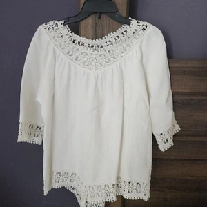 Blusa Top Elena Baldi 100% Lino Fluido Para Mujer S Blanco Crochet Encaje De Gran Tamaño - Imagen 1 de 11