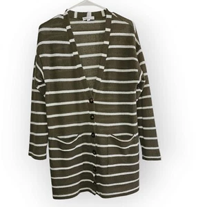 Women's Green & Beige Striped Long Sleeve Button Cardigan Sweater Small - Picture 1 of 7