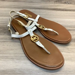 MICHAEL KORS BETHANY SANDAL LEATHER WHITE LOGO WOMEN FLAT T STRAP SHOES 11M - Picture 1 of 12